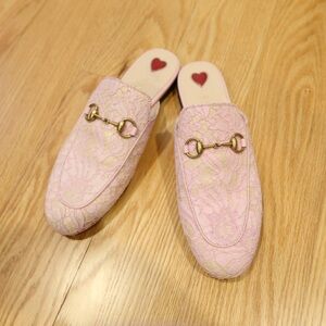 Gucci Princetown Pink Lace Mules with Gold Accents